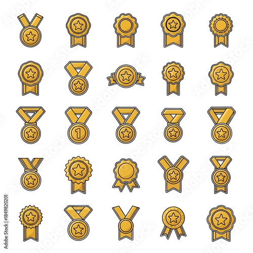 Collection of various gold medal icons with different shapes and ribbon styles showcasing