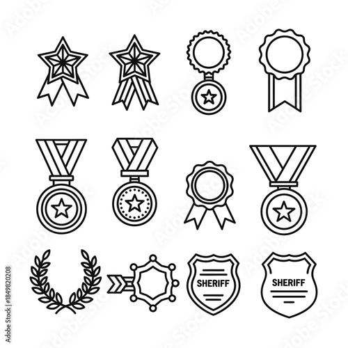 Collection of award medals and medals ribbons with sheriff badges and laurel wreaths