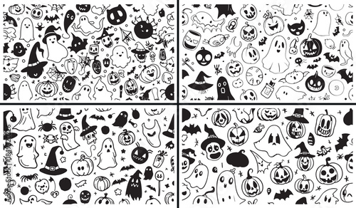 cute monster doodle clipart, halloween cartoon icons, spooky cute characters, monster sketch illustration, kawaii halloween doodles, black white monster clipart, printable halloween drawings, funny sp