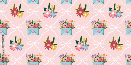 Spring floral seamless pattern with cute flowers and bouquets in envelops . Pastel garden illustration for wallpaper, fabric, wrapping paper, stationery and modern decorative backgrounds