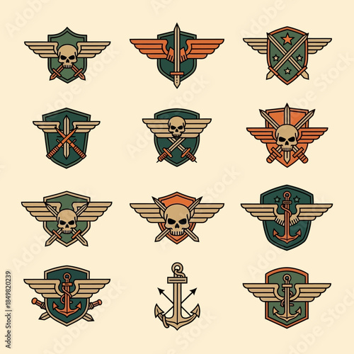 Collection of vintage military insignias featuring skull motifs and winged symbols showcasing