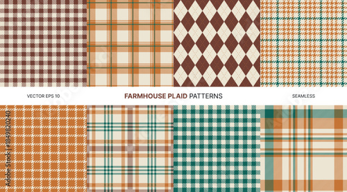 Farmhouse seamless vector patterns pack with brown green orange plaid gingham tartan argyle retro textured backgrounds for textile wrapping country decor autumn design vintage fashion templates