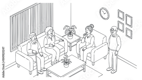 A cozy living room scene featuring four people seated on a sofa engaging in conversation in minimalist outline vector style, perfect for illustrations about friendship and social interaction