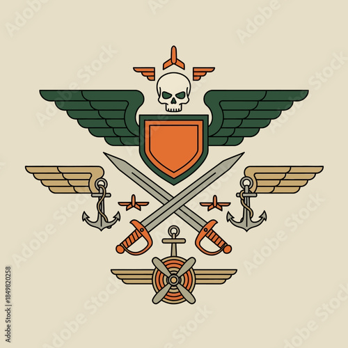 Military-inspired emblem featuring a skull, wings, crossed swords, and anchors creating a bold