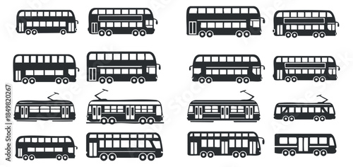 A collection of various bus and tram icons in flat monochrome vector style, suitable for public transport designs and urban planning projects