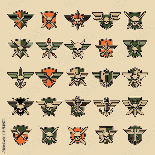 Collection of military-style patches featuring skulls eagles wings and badges with various symbols