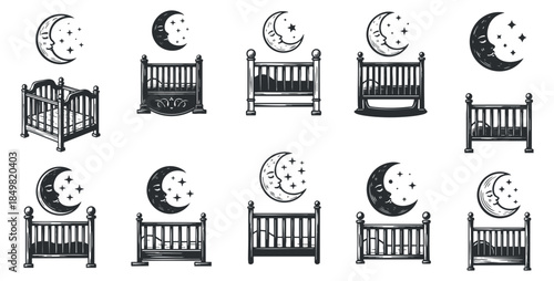 A collection of cribs and moons with stars in black and white geometric vector style, ideal for nursery decoration and baby products