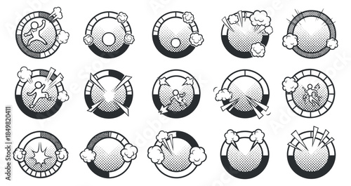 A set of dynamic sports and activity icons in black and white vector style, ideal for fitness branding and promotional materials