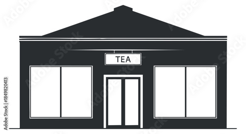 A tea shop building facade in minimalist black and white vector style, ideal for cafe branding and signage