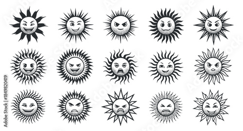 A collection of sixteen unique sun face illustrations in black and white vector style, ideal for playful designs and creative projects