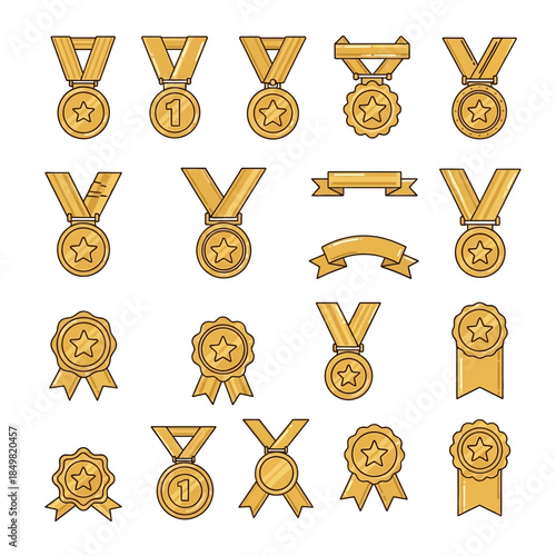 Collection of 15 various gold medals with different shapes and designs showcasing achievements and
