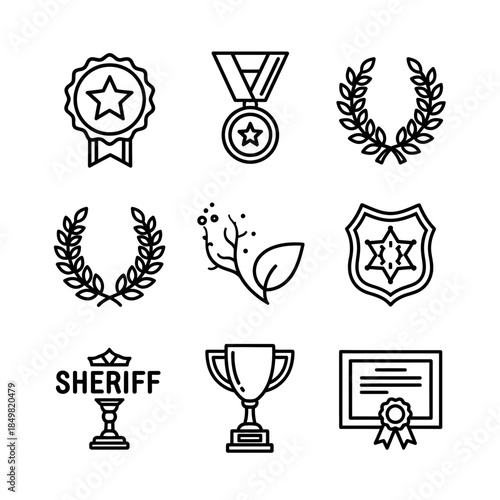 Collection of simple line icons representing awards medals trophies and a sheriff badge with