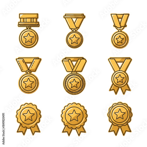 Collection of various gold medals with different ribbon designs symbolizing achievement and