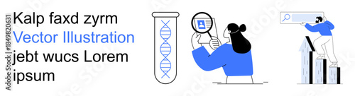 Scientific research, genetic exploration, data analysis, business innovation, information search, and technology concepts. Characters examining DNA and search tools. Genetic research and data