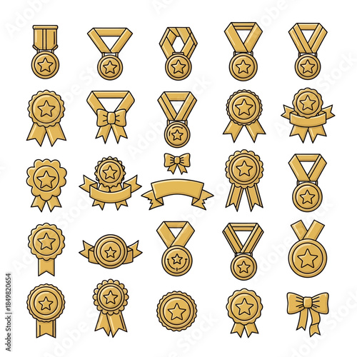 Collection of gold medal icons and badge designs showcasing achievement and recognition in various
