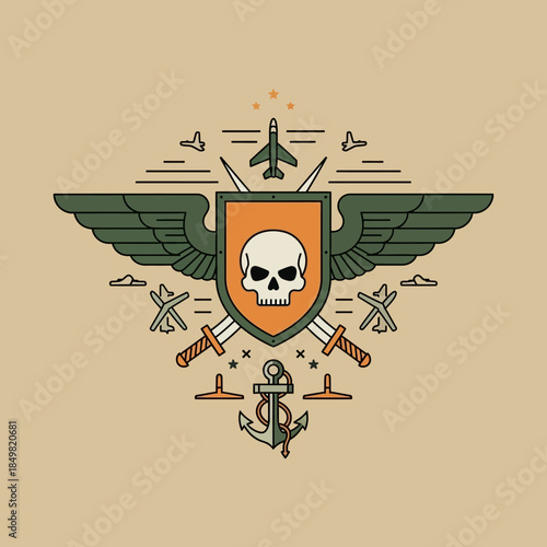 Military Skull Emblem with Wings and Anchors Symbolizing Defense and Strength