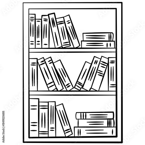 Simple black line bookshelf with book spines. Hand-drawn black and white line art perfect for lifestyle designs