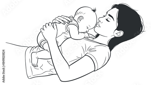 A tender illustration of a mother cradling her baby in a minimalist black and white vector style, perfect for parenting themes