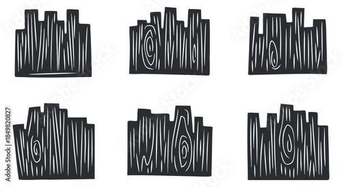A collection of six wooden logs in black and white minimalist vector style, suitable for nature-themed designs and illustrations
