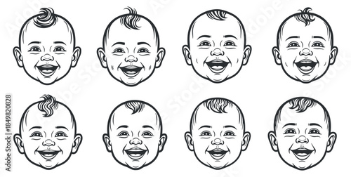 A collection of smiling baby faces in black and white line art style, perfect for children's products and illustrations