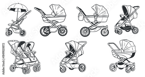 A collection of various baby strollers and carriages in black and white outline vector style, ideal for parenting and childcare designs