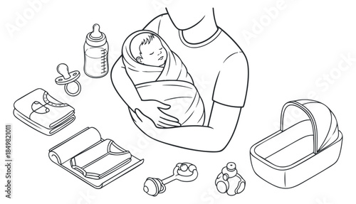 A caregiver holding a wrapped baby with essential childcare items in minimalist line art vector style, ideal for parenting themes.