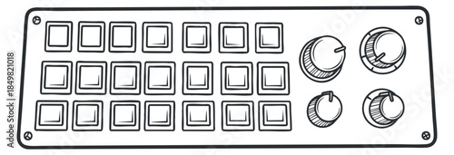 A control panel featuring a grid of buttons and knobs in an outline geometric vector style, suitable for technology and engineering projects
