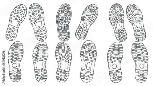 A collection of various shoe sole patterns in black and white outline vector style, suitable for fashion and footwear design projects