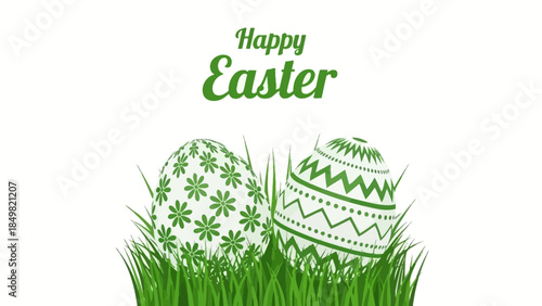 Two decorative green and white Easter eggs nestled in vibrant green grass with 'Happy Easter' text on a white background.