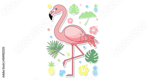 A whimsical flamingo illustration amidst tropical flora evokes a vibrant summery feel