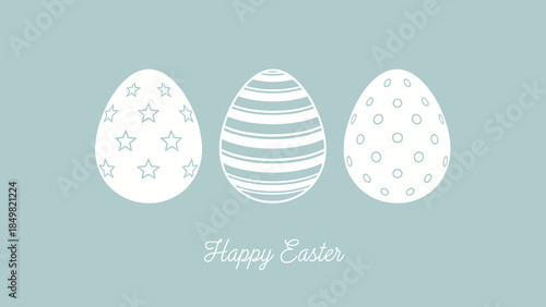 Three white decorated Easter eggs with various patterns on a light blue background, with "Happy Easter" text.