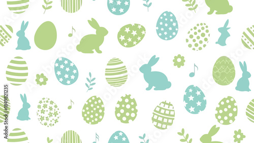 A seamless Easter pattern featuring green and blue eggs and bunny silhouettes on a white background, adorned with festive spring decorations.