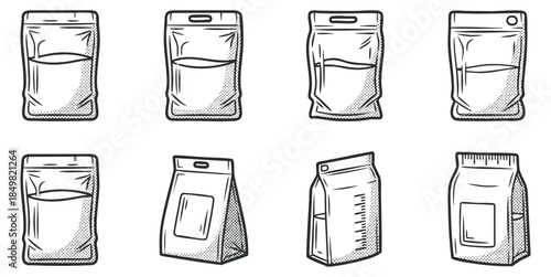 A collection of various food packaging bags and sachets in clean outline vector style, suitable for product design and branding