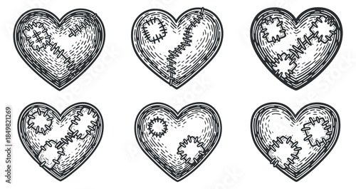 A collection of six intricately drawn hearts with patches and stitches in black and white outline vector style, suitable for creative projects and emotional themes