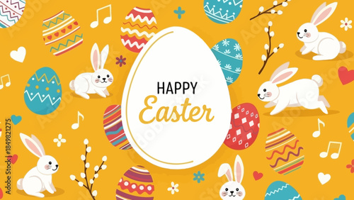 A festive yellow Easter background with white bunnies, decorated eggs, musical notes, and "HAPPY Easter" text.