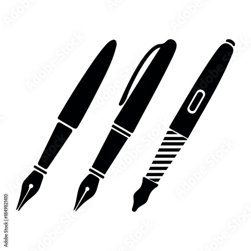 Set of professional pen silhouettes including fountain pens, ballpoint pens, and digital styluses isolated on white
