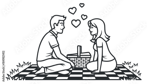 A couple sitting on a picnic blanket with a basket, surrounded by hearts in a black and white vector style, perfect for romantic themes