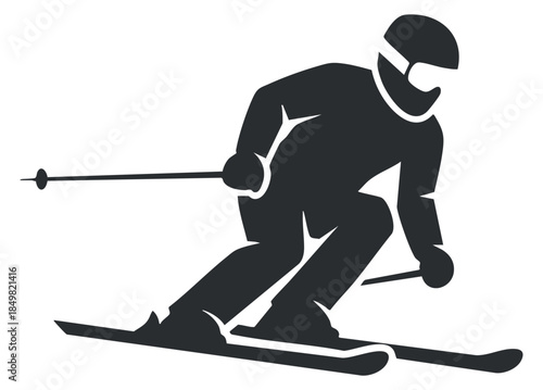 A skier in action, carving through snow in black silhouette vector style, perfect for winter sports graphics and logos