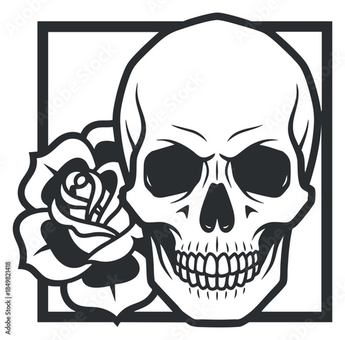 A skull with a rose in black and white vector style, ideal for gothic art and tattoo designs