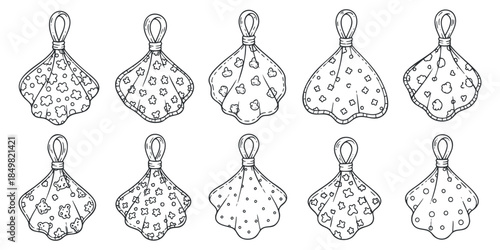 A collection of decorative seashells in outline vector style with varying patterns, perfect for beach-themed designs and crafts