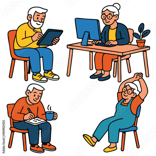 Elderly man using tablet, senior woman working desk, older man writing, senior woman stretching