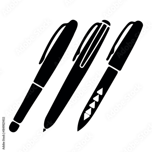 Set of professional pen silhouettes including fountain pens, ballpoint pens, and digital styluses isolated on white background