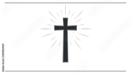 A cross with radiating light rays in minimalist black and white vector style, suitable for religious contexts and designs