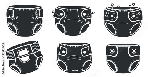 A collection of six black and white vector illustrations of different diaper designs, perfect for baby care products and parenting themes
