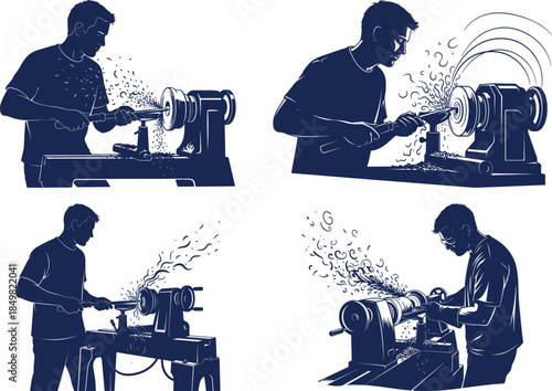 Man Woodturning on Lathe Machine Vector Silhouette Set - Craftsman Woodworking in Workshop Illustration