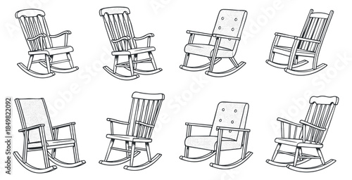 A set of eight rocking chairs in clean outline vector style, ideal for home decor and furniture design
