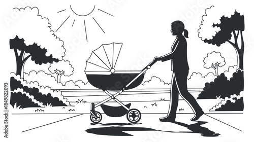 A mother pushing a stroller in a black and white minimalist vector style, perfect for family and parenting themes