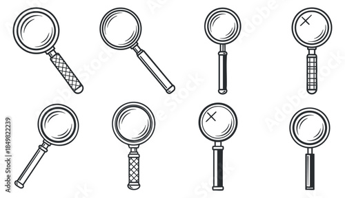 A collection of magnifying glass icons in black and white outline vector style, suitable for search and inspection applications