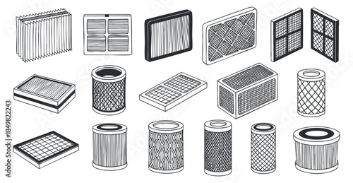 A collection of various air filters in black and white outline vector style, suitable for home improvement and cleaning applications