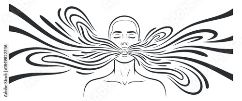A minimalist illustration of a serene woman with flowing hair in abstract black lines, ideal for wellness and beauty designs